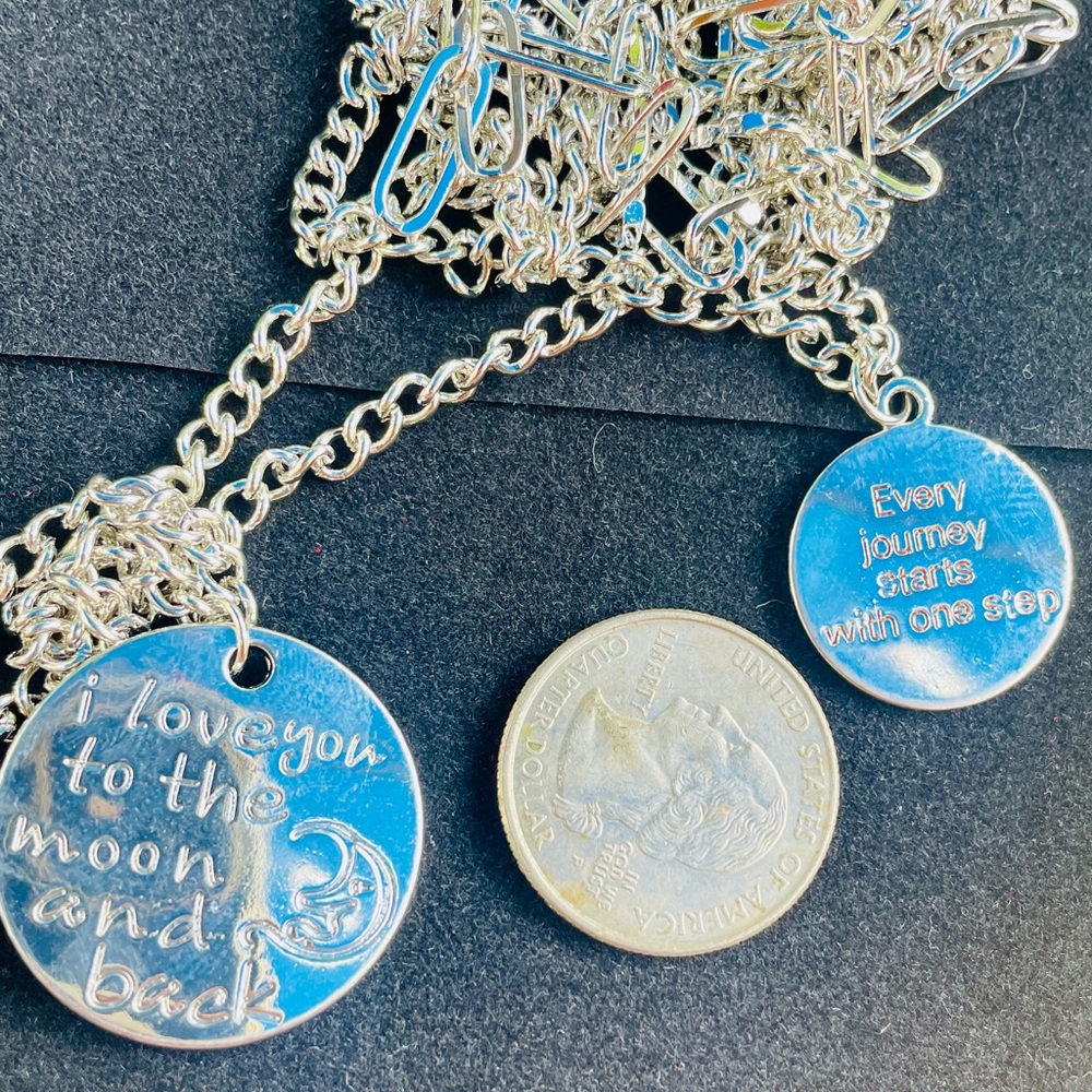 💕 Engraved Message & Cameo Charm Layered Link Chain Necklace in Silvertone - Picture 5 of 7